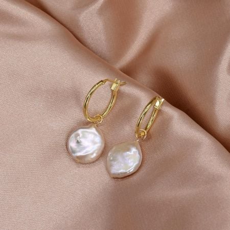 Gold Huggie Hoops with Coin Freshwater Pearl Drops Earrings